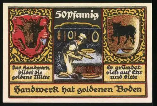 Notgeld Stolzenau 1921, 50 Pfennig, Handwerksdesign mit Kuh, Bäcker und Pferd in goldener Verzierung