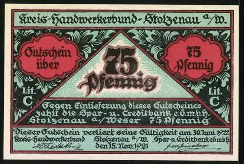 Notgeld Stolzenau 1921, 75 Pfennig, Handwerker an Werkbank und Wappen mit Werkzeugen