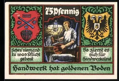 Notgeld Stolzenau 1921, 75 Pfennig, Handwerker bei der Arbeit mit Wappen und Text