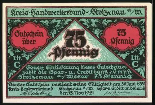 Notgeld Stolzenau 1921, 75 Pfennig, Handwerker bei der Arbeit mit Wappen und Text