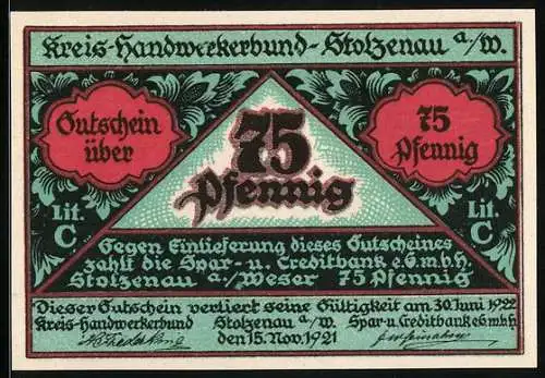 Notgeld Stolzenau 1921, 75 Pfennig, Kreis-Handwerkerbund und Handwerksbild mit Sprüchen