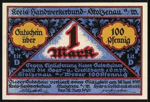 Notgeld Stolzenau, 1921, 1 Mark, Handwerk hat goldenen Boden