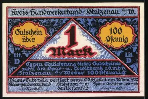 Notgeld Stolzenau 1922, 1 Mark, Handwerksmotiv mit farbigen Wappen und Inschrift