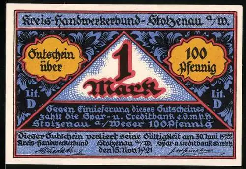 Notgeld Stolzenau 1921, 1 Mark, Handwerker beim Bau und Wappen mit Werkzeugen