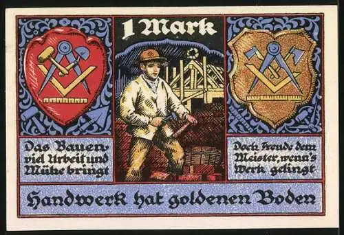 Notgeld Stolzenau 1921, 1 Mark, Handwerker beim Bau und Wappen mit Werkzeugen