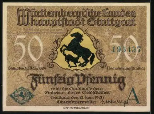 Notgeld Stuttgart 1921, 50 Pfennig, Altes Schloss und Stiftskirche, gültig bis 31. März 1924