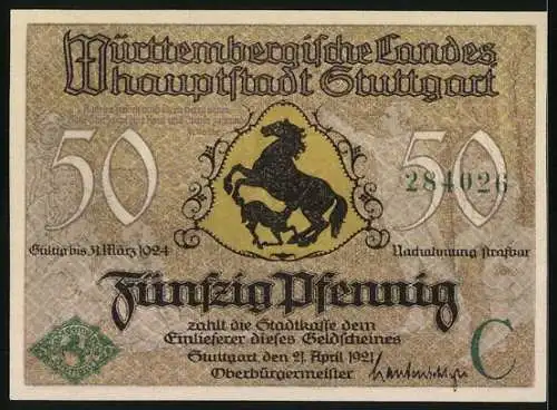 Notgeld Stuttgart, 1921, 50 Pfennig, Stadtansicht mit Amtssiegel und Pferdemotiv