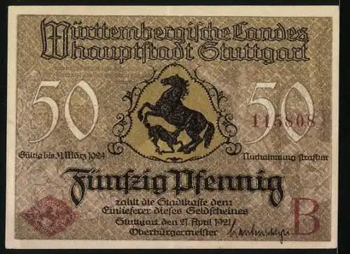 Notgeld Stuttgart, 1921, 50 Pfennig, Königstor und Wappen mit Pferd, gültig bis 31. März 1924