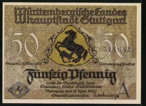 Notgeld Stuttgart 1921, 50 Pfennig, Altes Schloss und Stiftskirche, Wappentier und Inschrift