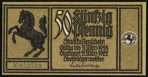 Notgeld Stuttgart 1922, 50 Pfennig, Darstellung des kleinen Theaters und eines Pferdes