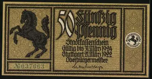 Notgeld Stuttgart 1922, 50 Pfennig, Stadtgutschein mit springendem Pferd und Marktansicht