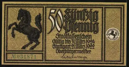 Notgeld Stuttgart 1922, 50 Pfennig, Rathaus und Pferd