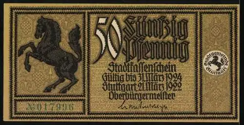 Notgeld Stuttgart 1922, 50 Pfennig, Nachrichterturm bei der Hauptstadt und Pferd