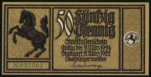 Notgeld Stuttgart 1922, 50 Pfennig, Pferd und Stadtansicht Bebenhäuser Hof