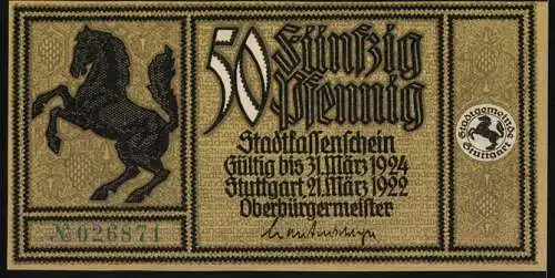 Notgeld Stuttgart 1922, 50 Pfennig, Stadtbild Königstrasse mit Pferdemotiv