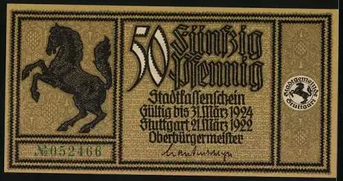 Notgeld Stuttgart 1922, 50 Pfennig, herzoglicher Lustgarten mit Lusthaus, Wappen