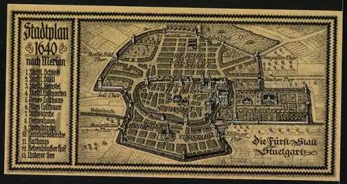 Notgeld Stuttgart 1922, 50 Pfennig, Schwarzes Pferd und Stadtplan von 1640