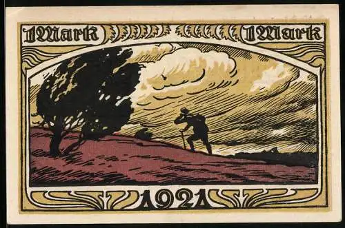 Notgeld Stuttgart 1921, 1 Mark, Landschaft mit Baum und Wanderer, Rotwild unter Bäumen