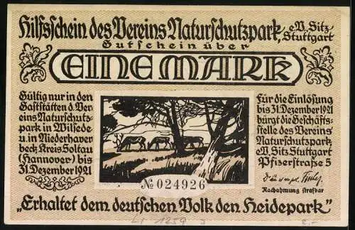 Notgeld Stuttgart 1921, 1 Mark, Landschaft mit Baum und Wanderer, Rotwild unter Bäumen