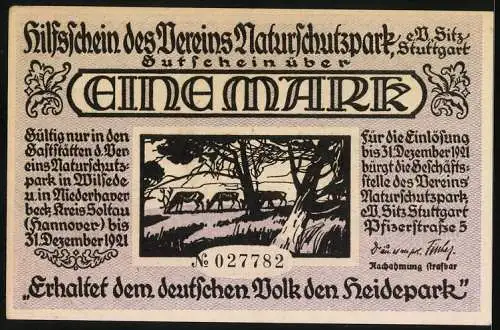 Notgeld Stuttgart 1921, 1 Mark, Hilfsschein des Vereins Naturschutzpark mit Rittern und Pferdeszene