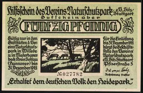 Notgeld Stuttgart, 1921, 50 Pfennig, Hilfsschein des Vereins Naturschutzpark, Jäger mit Waldlandschaft