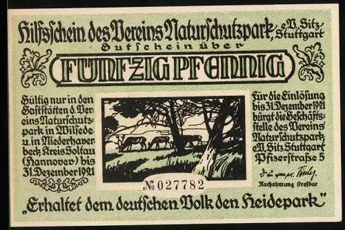 Notgeld Stuttgart, 1921, 50 Pfennig, Hilfsschein des Vereins Naturschutzpark mit Landschaft und Jäger