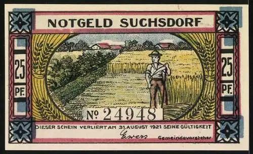 Notgeld Suchsdorf, 25 Pf., Däne & Preusse im Streit, Bauer im Feld, Gültigkeit bis 31. August 1921