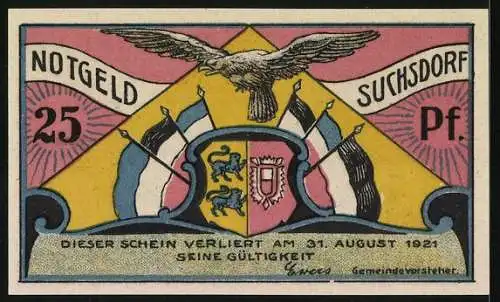 Notgeld Suchsdorf, 1921, 25 Pf, farbige Landschaft mit Spaziergängern und Wappen mit Adler