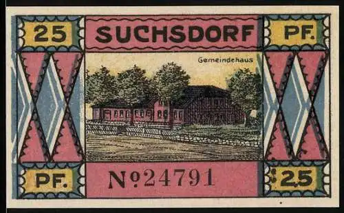 Notgeld Suchsdorf, 1921, 25 Pf, Vorderseite: Gemeindehaus, Rückseite: Mann mit Netz und Gültigkeitsvermerk