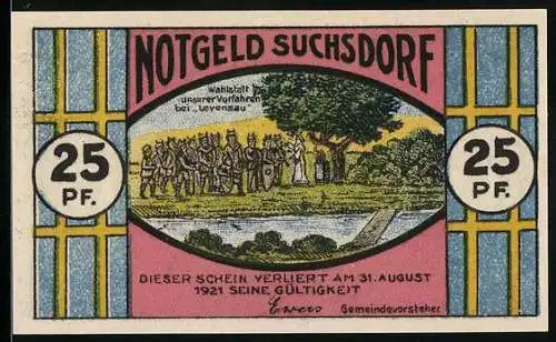 Notgeld Suchsdorf 1921, 25 Pf, Darstellung historische Wahlstatt und Windmühle