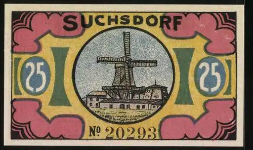 Notgeld Suchsdorf 1921, 25 Pf, Darstellung historische Wahlstatt und Windmühle