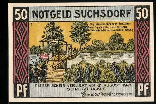 Notgeld Suchsdorf 1921, 50 Pf, Dänen bei Schlagbrücke und Baum mit Wappen