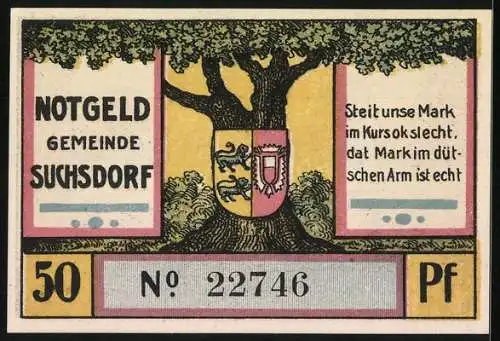 Notgeld Suchsdorf 1921, 50 Pf, Dänen bei Schlagbrücke und Baum mit Wappen