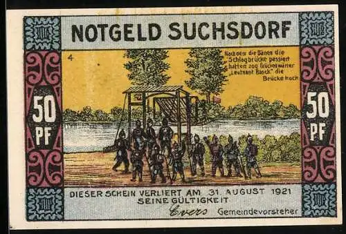 Notgeld Suchsdorf 1921, 50 Pf, Soldaten an der Brücke, Dorfteich-Szene