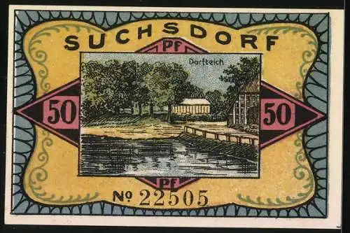 Notgeld Suchsdorf 1921, 50 Pf, Soldaten an der Brücke, Dorfteich-Szene