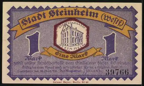 Notgeld Steinheim 1921, 1 Mark, Stadtansicht und Gedicht