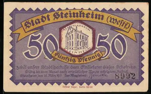 Notgeld Steinheim (Westf), 1921, 50 Pfennig, Darstellung der Stadtsparkasse und ländlichen Szenen