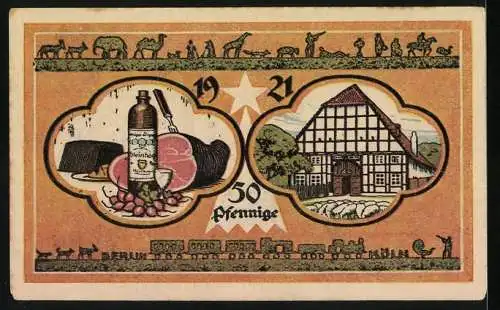 Notgeld Steinheim (Westf), 1921, 50 Pfennig, Darstellung der Stadtsparkasse und ländlichen Szenen