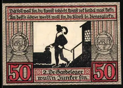 Notgeld Stendal 1921, 50 Pfennig, Gardeleger Abbildung eines Mannes und Wappens