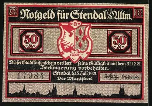 Notgeld Stendal 1921, 50 Pfennig, Gardeleger Abbildung eines Mannes und Wappens