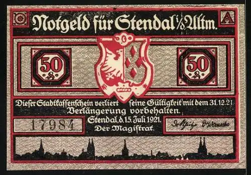 Notgeld Stendal 1921, 50 Pfennig, Männer aus Stendal trinken Wein