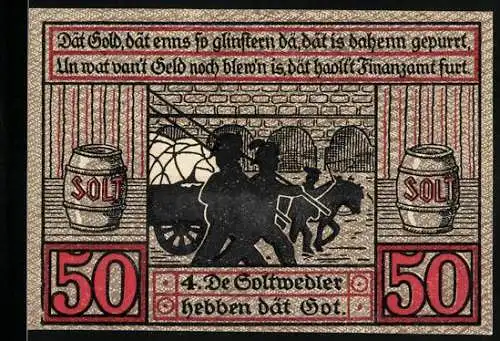 Notgeld Stendal 1921, 50 Pfennig, Zwei Salzfässer und Silhouetten von Männern mit Fässern und Hund