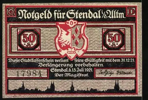 Notgeld Stendal 1921, 50 Pfennig, Zwei Salzfässer und Silhouetten von Männern mit Fässern und Hund