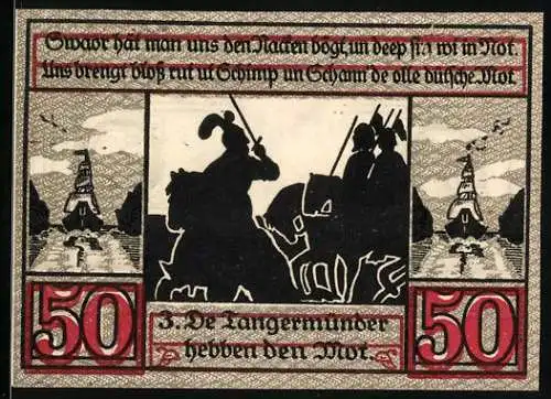 Notgeld Stendal 1921, 50 Pfennig, Silhouetten von Reitern und Stadtwappen mit Adlerschild