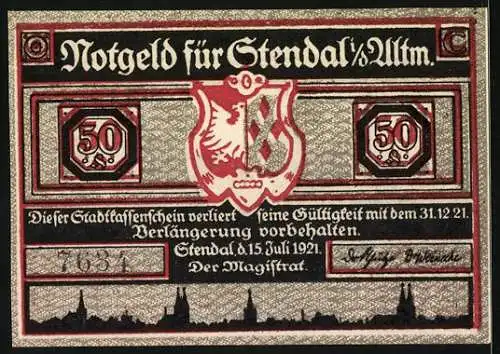 Notgeld Stendal 1921, 50 Pfennig, Silhouetten von Reitern und Stadtwappen mit Adlerschild