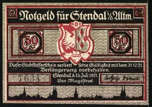 Notgeld Stendal 1921, 50 Pfennig, Landschaft mit Silhouette und Stadtwappen