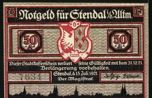 Notgeld Stendal, 1921, 50 Pfennig, Darstellung von Figuren und Getreidebündeln, Stadtwappen