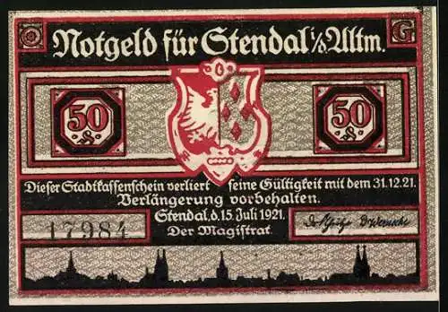 Notgeld Stendal 1921, 50 Pfennig, Illustration von Bären, Bauern im Kampf gegen Stier