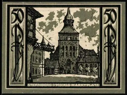 Notgeld Sternberg /Meckl, 50 Pfennig, Stadtansicht mit Markt und Siegelstern