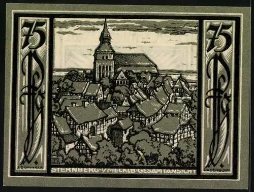 Notgeld Sternberg i.Mecklb., 75 Pfg, Stadtansicht mit Kirche und Wappen